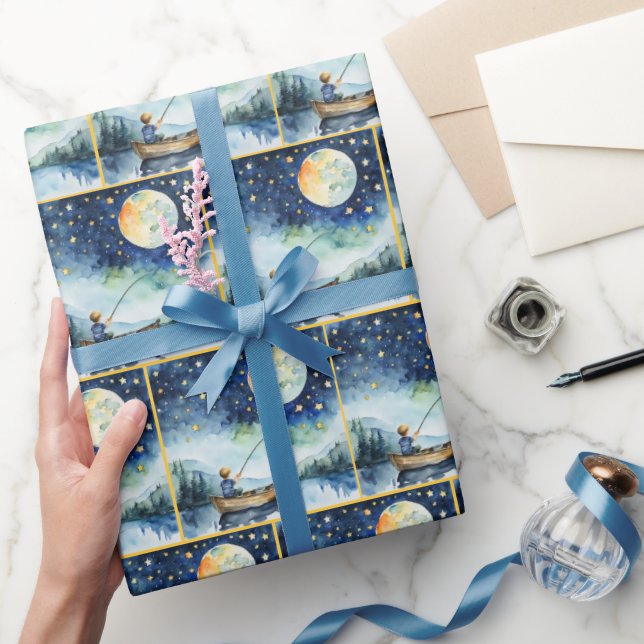 Vattenfärgspojke som fiskar på natten presentpapper (Gifting)