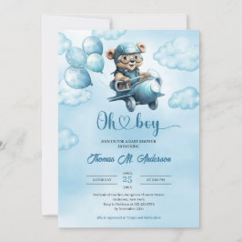 Vattenfärgspojkens nalle aviator med ballonger inbjudningar