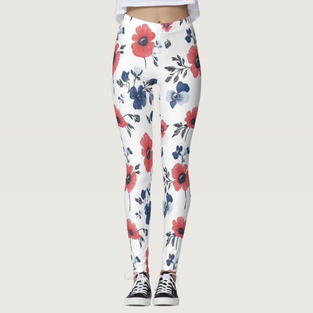 Vattenfärgspopies Mönster - röd, blå och vit (2) Leggings (Framsida)