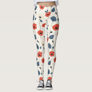 Vattenfärgspopies Mönster - röd, blå och vit Leggings