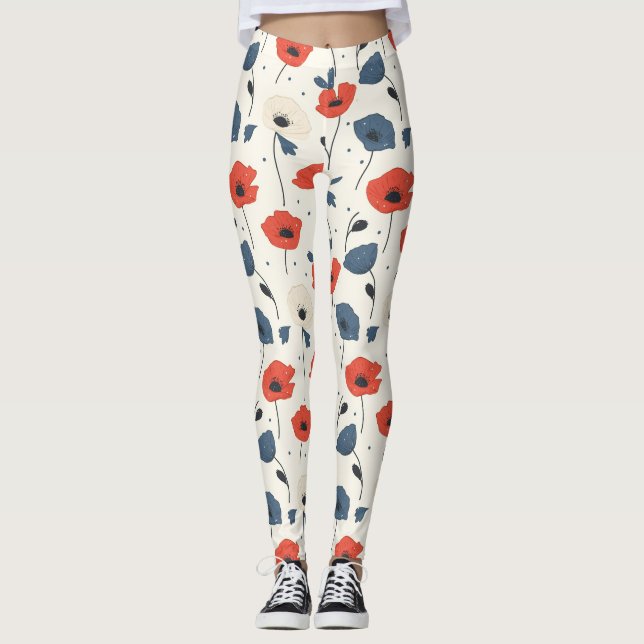Vattenfärgspopies Mönster - röd, blå och vit Leggings (Framsida)