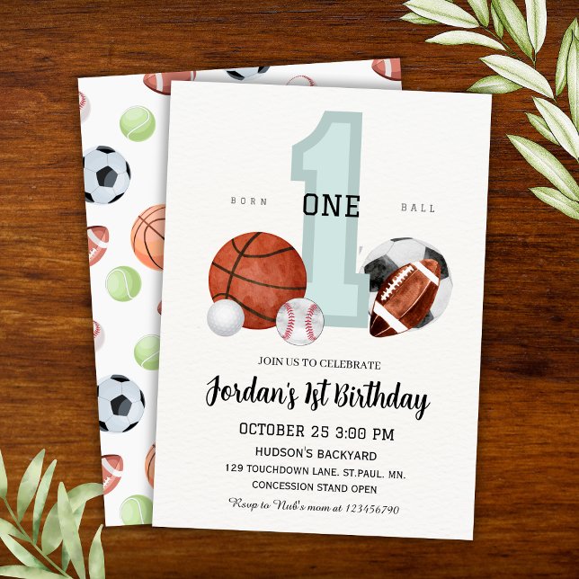 Vattenfärgsport "Born till Boll" 1:a födelsedagen Inbjudningar (Watercolor Sports "Born to Ball" 1st Birthday Invitation
)