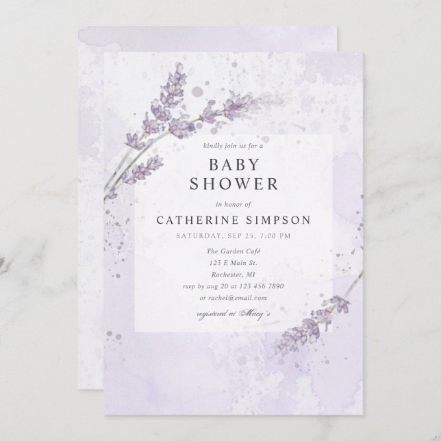 Vattenfärgspray för blommor i lavender inbjudningar (Fram/baksida)