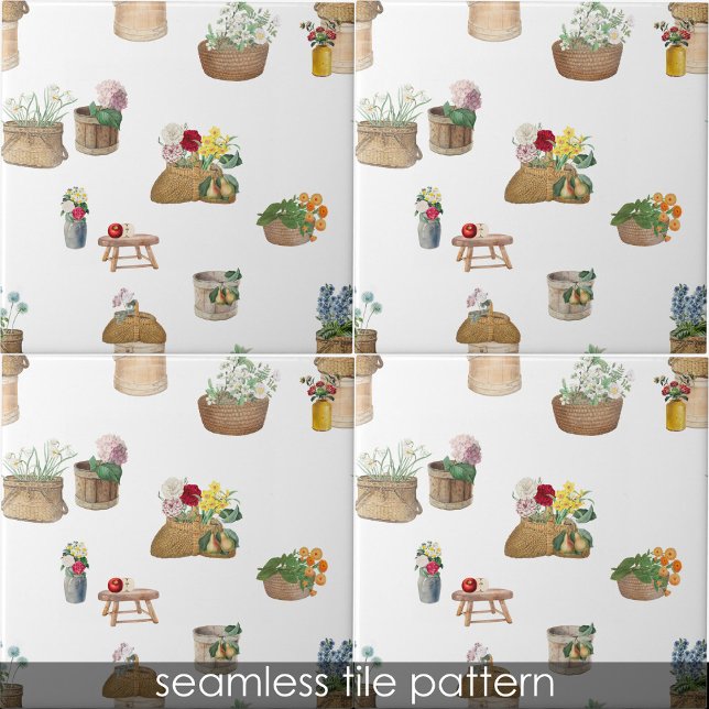 Vattenfärgsproducenters marknadsflöde Basket Kakelplatta (Watercolor Farmer's Market Flower Baskets Ceramic Tile)