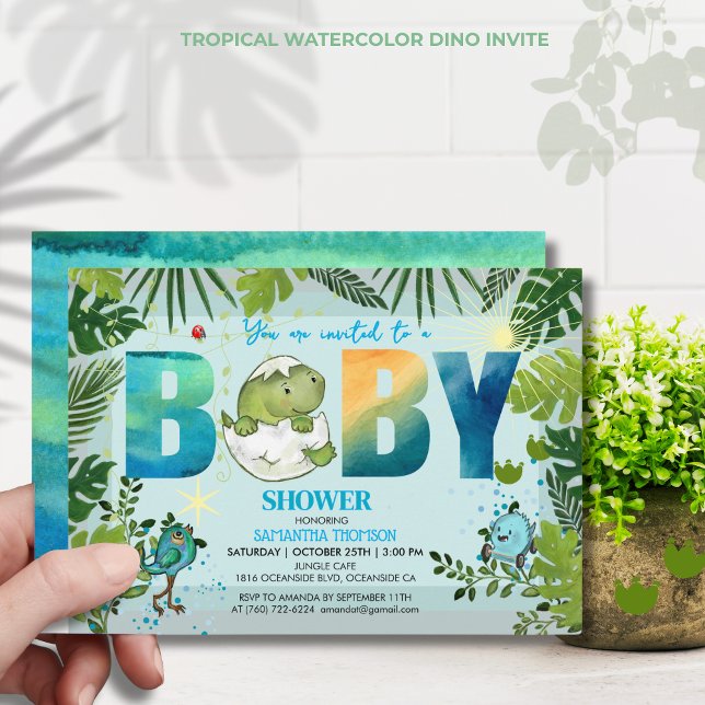 Vattenfärgsprogram Aqua Dino Tropical Löv Baby Sho Inbjudningar ( Watercolor Aqua Dino Tropical Leaves Baby Shower Invitation)