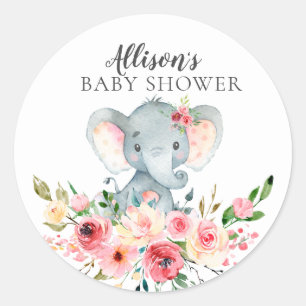 Vattenfärgsprogram Blommigt Elephant Baby Shower Runt Klistermärke