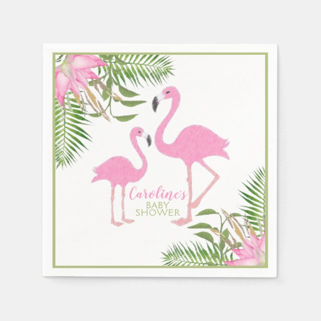 Vattenfärgsprogram Blommigt Flamingo Baby Shower Pappersservett (Framsidan)