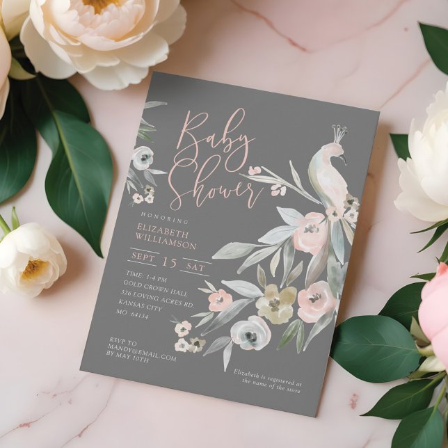 Vattenfärgsprogram Blommigt Garden Peacock Baby Sh Inbjudningar (Watercolor Floral Garden Peacock Baby Shower Invitation)