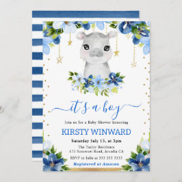 Vattenfärgsprogram Blommigt Hippo Boy Shower Inbjudningar