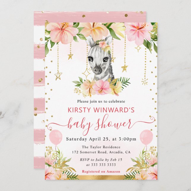 Vattenfärgsprogram Blommigt Jungle Zebra Baby Show Inbjudningar (Fram/baksida)