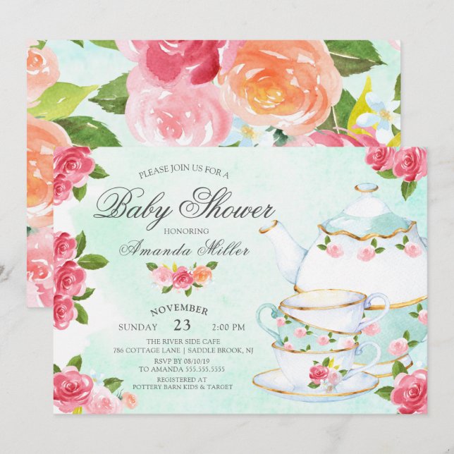 Vattenfärgsprogram Blommigt Tea Baby Shower Inbjudningar (Fram/baksida)