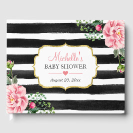 Vattenfärgsprogram för Rosa Blommigt Rand Baby Sh Gästböcker