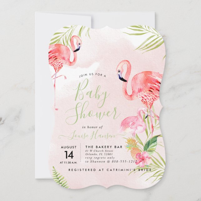 Vattenfärgsprogram för Rosa Flamingos Baby Shower Inbjudningar (Framsida)