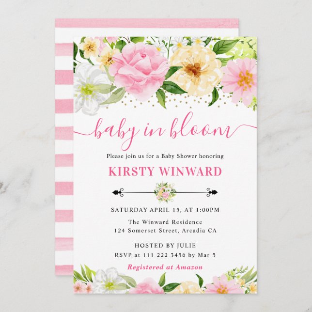 Vattenfärgsprogram för Rosa och Gula blommor Babyk Inbjudningar (Fram/baksida)