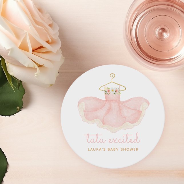 Vattenfärgsprogram för Rosa och Guld Tutu, excepti Underlägg Papper Rund (cute ballerina tutu illustration in watercolor on a baby shower paper coaster)