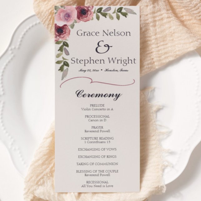 Vattenfärgsprogram för Rosan Flower Bröllop, hände (watercolor floral botanical pink rose flower wedding program)