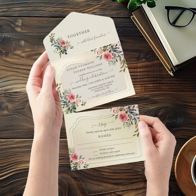 Vattenfärgsprogram Ro allt i en bröllopsinbjudan (All in one wedding invitation featuring watercolor roses in light pastel colors)