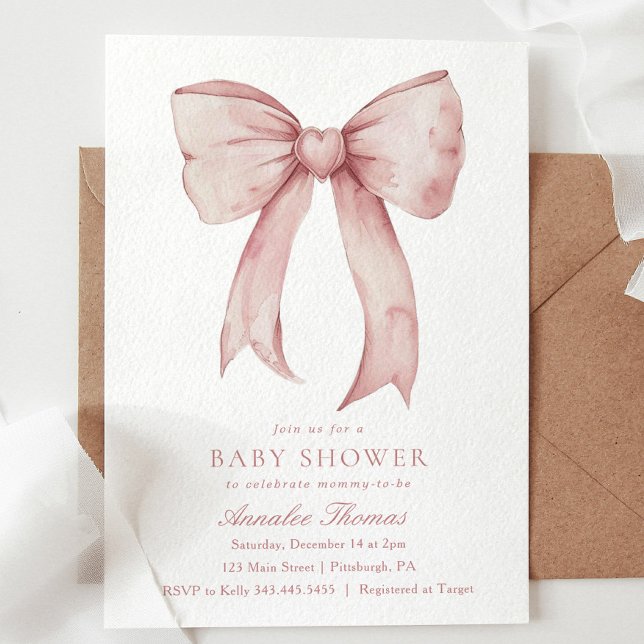 Vattenfärgsprogram Rosa Bow Girl Baby Shower Inbjudningar (Skapare uppladdad)