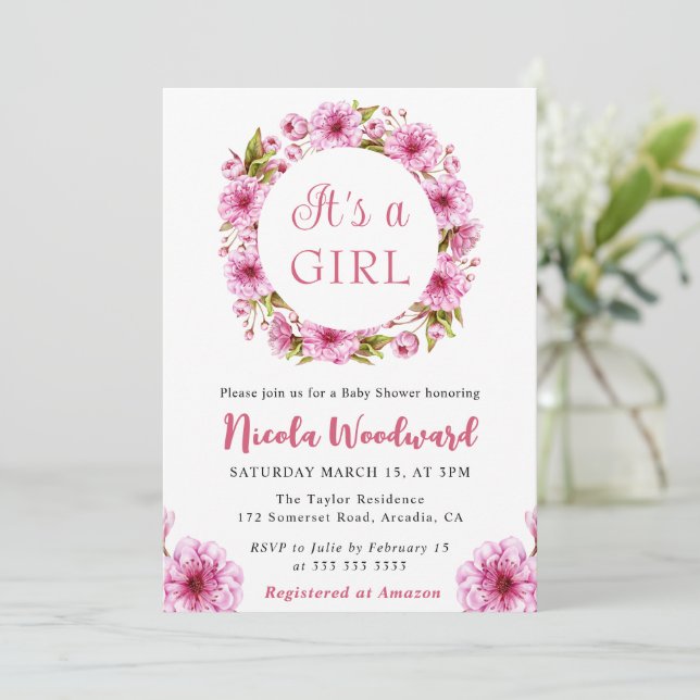 Vattenfärgsprogram Rosa Cherry Blommar Utandningss Inbjudningar (Stående Fram)