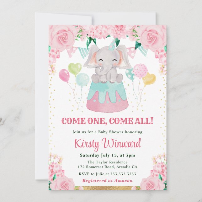 Vattenfärgsprogram Rosa Circus Elephant Baby Showe Inbjudningar (Framsida)