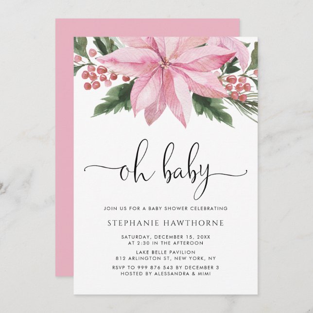 Vattenfärgsprogram Rosa Poinsettia Winter Baby Sho Inbjudningar (Fram/baksida)