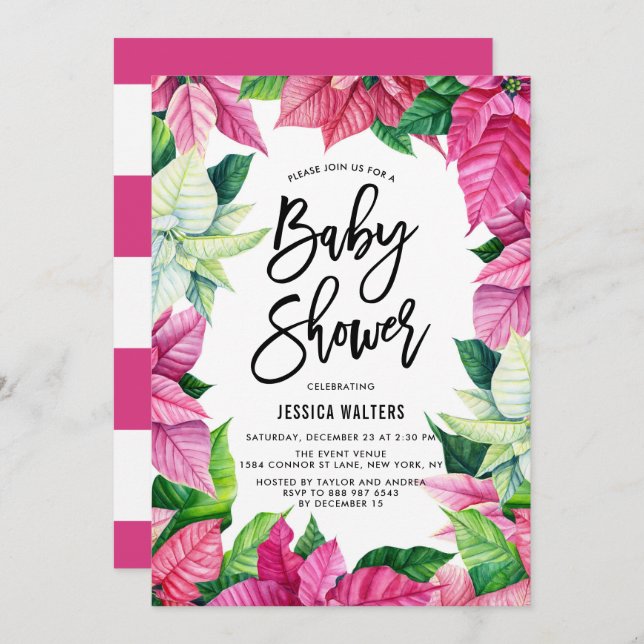 Vattenfärgsprogram Rosa Poinsettias Blommigt Babyk Inbjudningar (Fram/baksida)