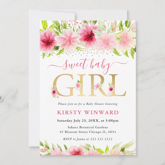 Vattenfärgsprogram Rosa sommarblommor Babykläder Inbjudningar (Framsida)
