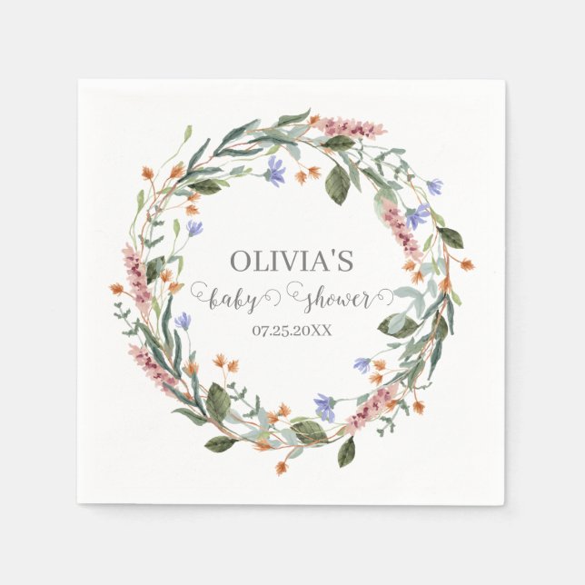 Vattenfärgsprogram Rosa Wildblomma Rustic Boho Bab Pappersservett (Framsidan)