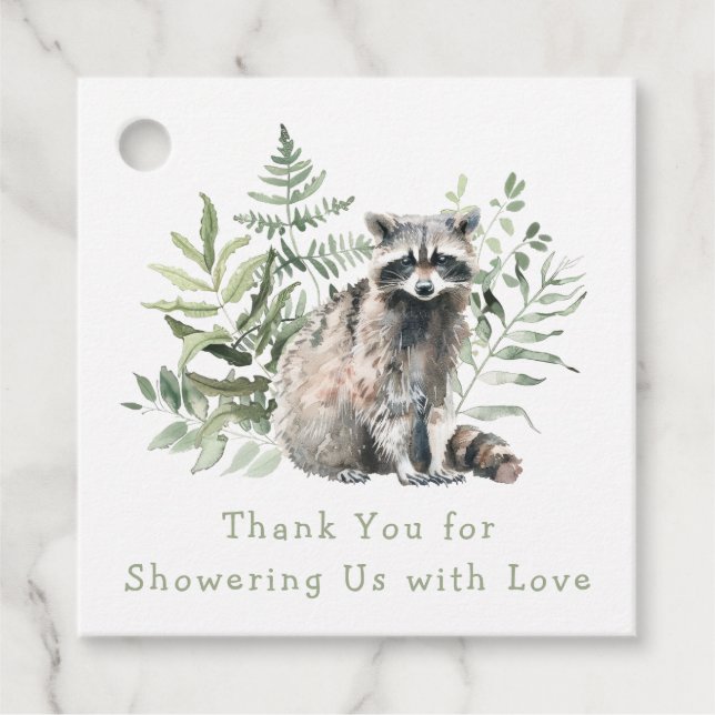 Vattenfärgsprogram Woodland Raccoon Baby Shower Gåvor Etiketter (Framsida)