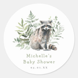 Vattenfärgsprogram Woodland Raccoon Baby Shower Runt Klistermärke