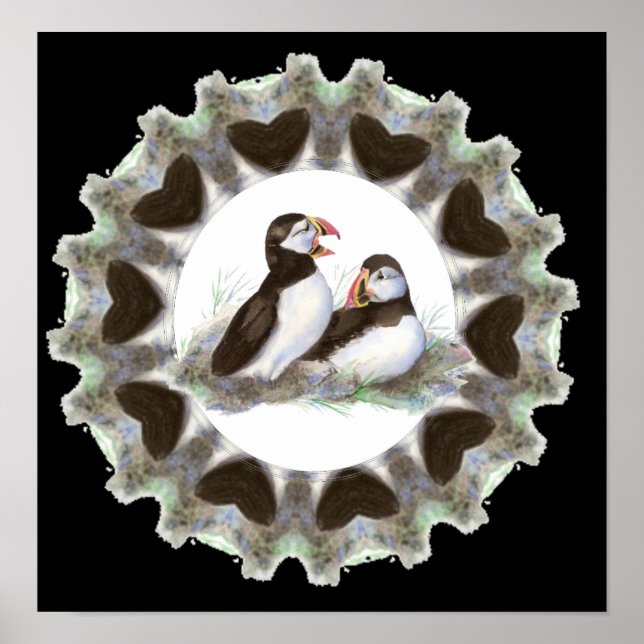 VattenfärgsPuffins med hjärter för Puffin Fläkt Poster (Framsidan)