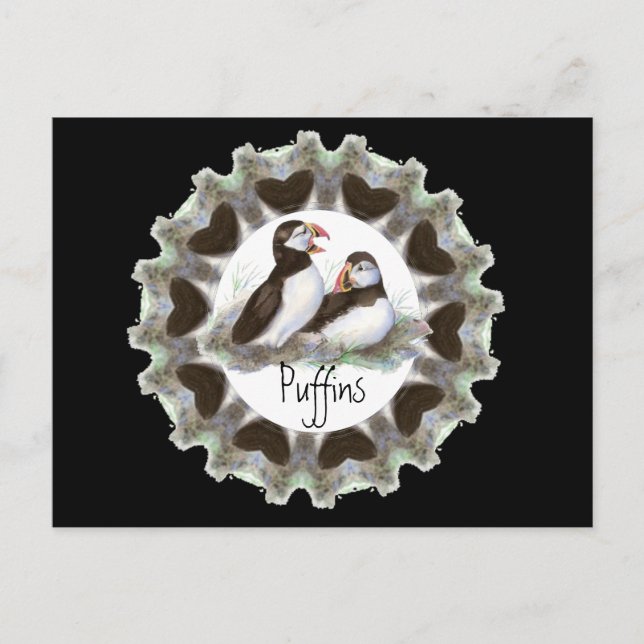 VattenfärgsPuffins med hjärter för Puffin Fläkt Vykort (Framsida)