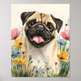 VattenfärgsPug Porträtt Wall Art - Cute Pug Poster