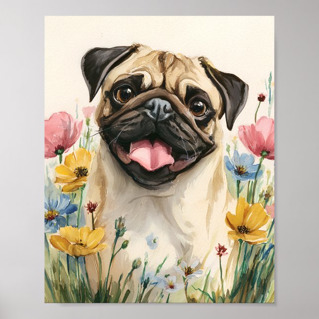 VattenfärgsPug Porträtt Wall Art - Cute Pug Poster (Framsidan)