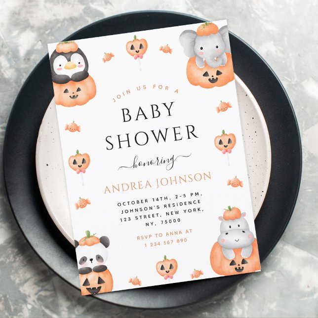 Vattenfärgspumpkin Animals Halloween Baby Shower Inbjudningar (Skapare uppladdad)