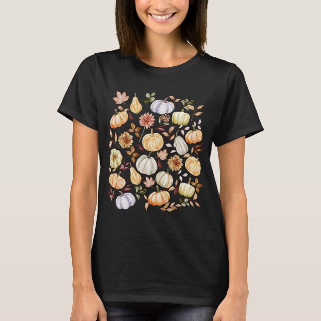 Vattenfärgspumpkin Höst löv T Shirt (Framsida)