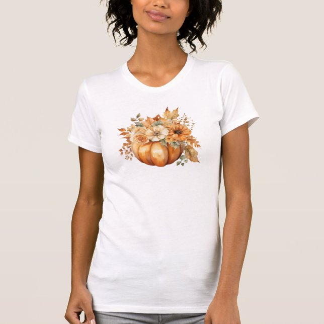 Vattenfärgspumpkin med blommor- t shirt (Framsida)