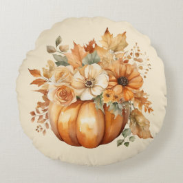 Vattenfärgspumpkin och Blommigt Design- Rund Kudde