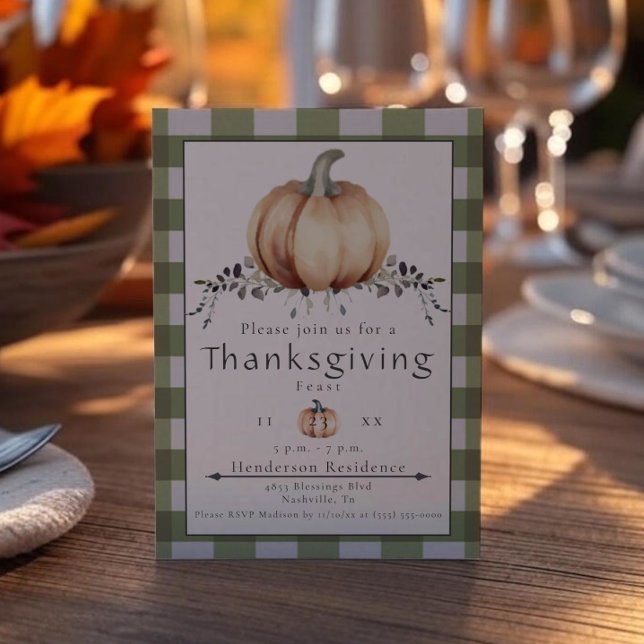 Vattenfärgspumpkin-Thanksgiving - Middag | Grönt Inbjudningar (Green Watercolor Pumpkin Thanksgiving Dinner Invitation)