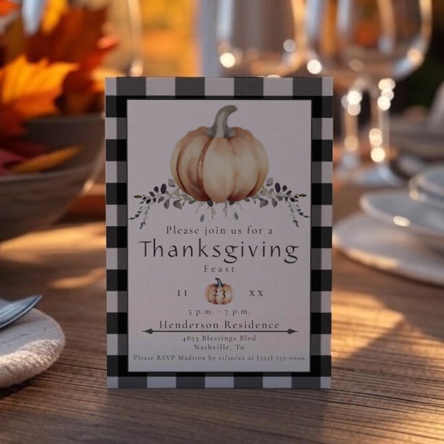 Vattenfärgspumpkin-Thanksgiving - Middag | Svart Inbjudningar (Black Watercolor Pumpkin Thanksgiving Dinner Invitation)