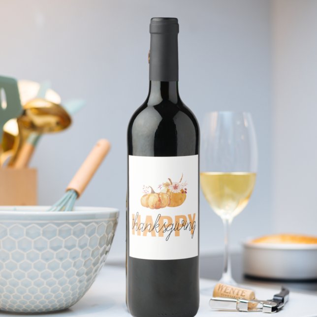 Vattenfärgspumpor och Orange Happy thanksgiving Vinflaska Etikett (Skapare uppladdad)