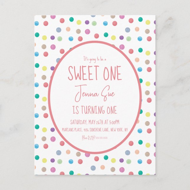 Vattenfärgspunkter Första födelsedagsfest Färgrik  Vykort (Framsida)