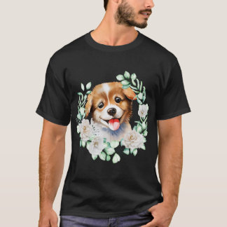 Vattenfärgspuppy Kärlek med Vit ros T Shirt