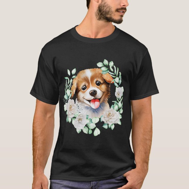 Vattenfärgspuppy Kärlek med Vit ros T Shirt (Framsida)