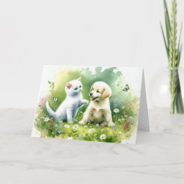 Vattenfärgspuppy och Kitten Birthday Kort