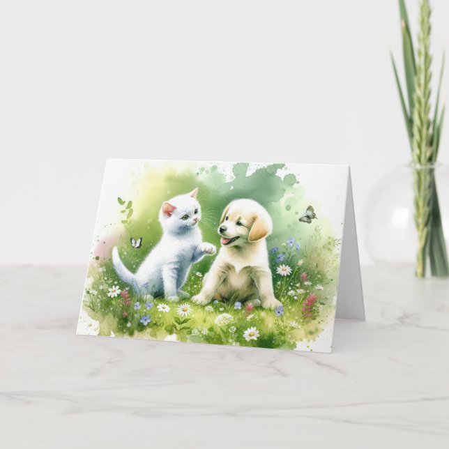 Vattenfärgspuppy och Kitten Kort (Framsida)