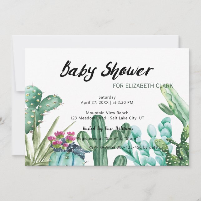Vattenfärgsräknare och Succulent Baby Shower  Inbjudningar (Framsida)