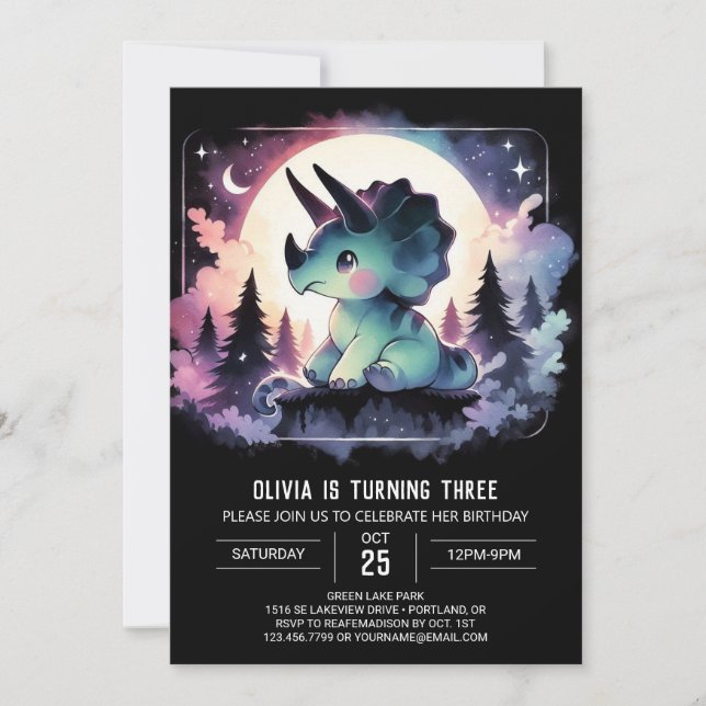 Vattenfärgsredigerbar triceratops Birthday Inbjudningar (Framsida)
