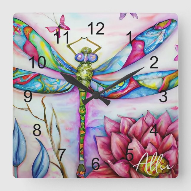 Vattenfärgsregnbåge Dragonfly, anpassa Fyrkantig Klocka (Framsida)