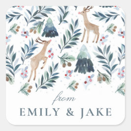 Vattenfärgsrenar i Helgdag Forest Fyrkantigt Klistermärke